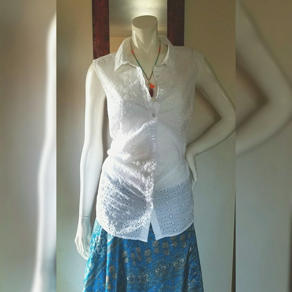 Plus Size White Button Down Eyelet Lace Sexy Blouse Top Semi Sheer Shirt 1X